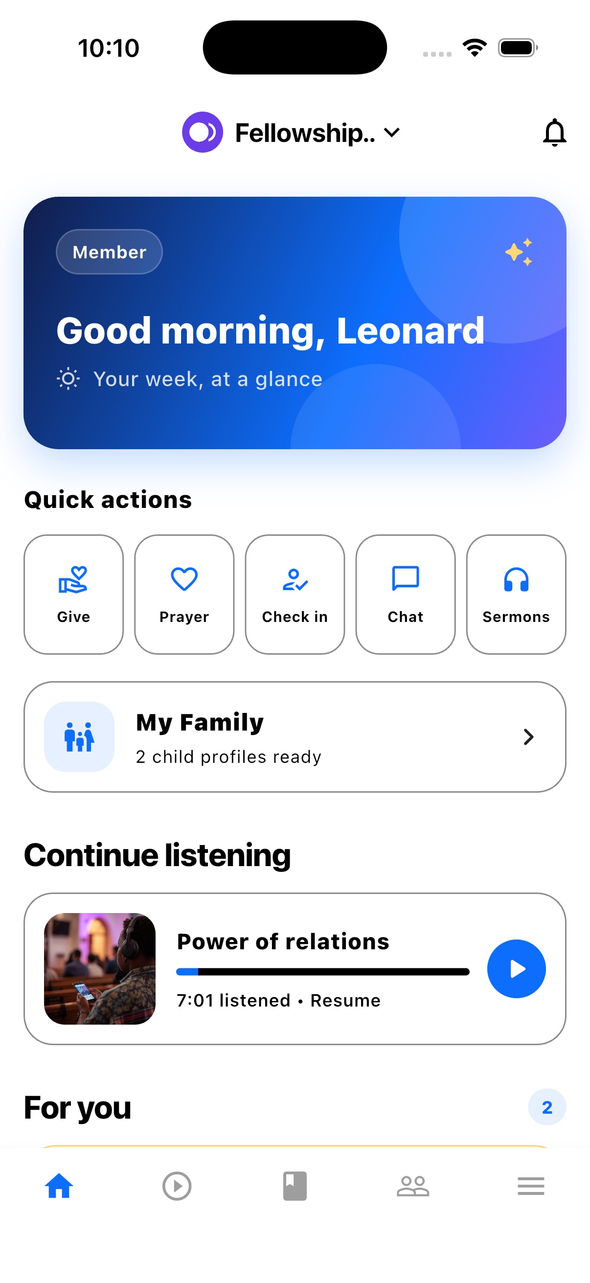 TheFaithApp iOS home showing personalized ministry actions, family access, and continued listening