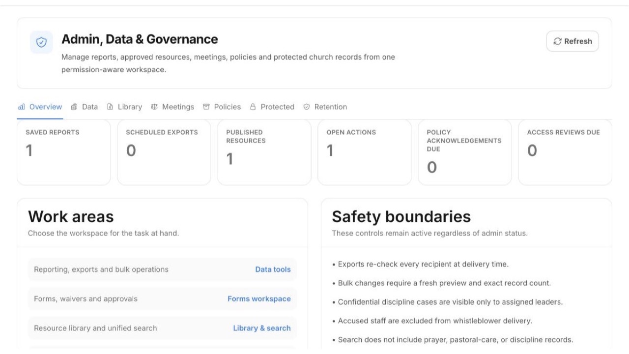 TheFaithApp Administration and Governance overview with reports policies meetings and safety boundaries