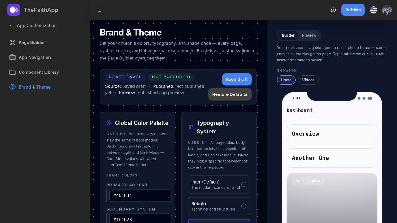TheFaithApp App Customization brand and theme builder with phone preview