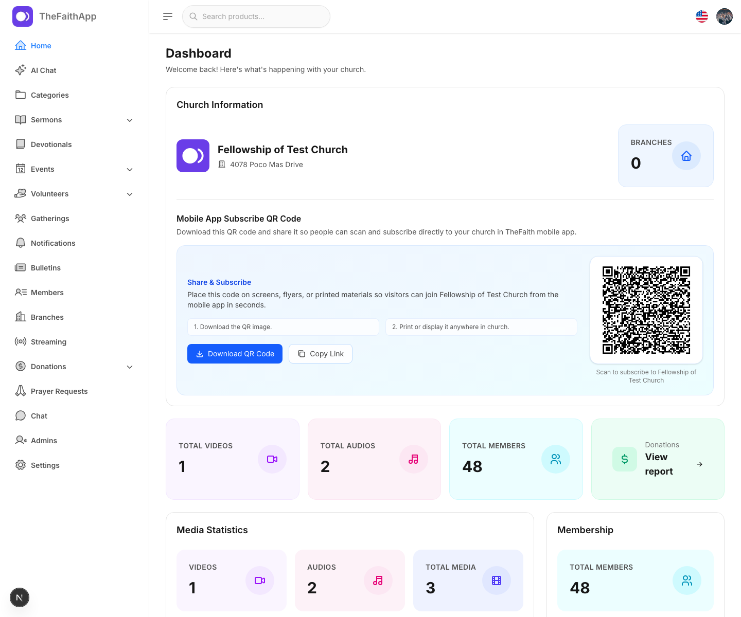 TheFaithApp church management dashboard with church information, a member subscription QR code, and ministry summaries