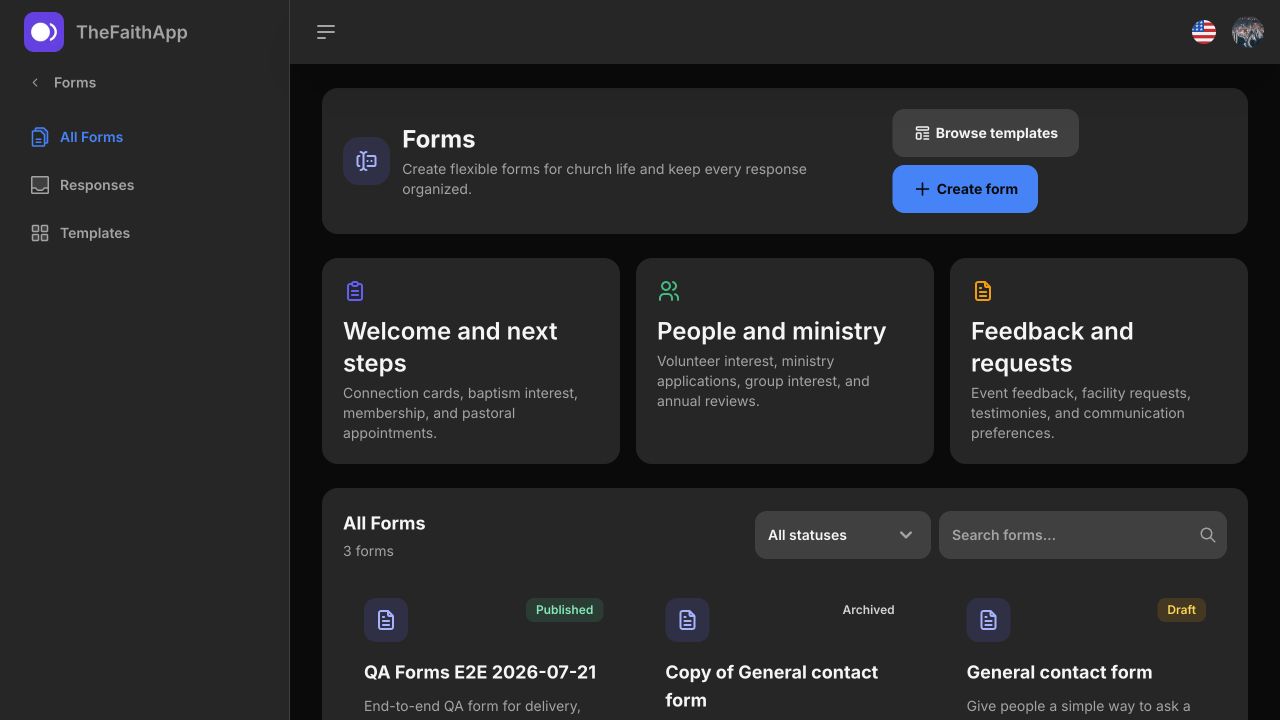 TheFaithApp church forms builder showing customizable questions