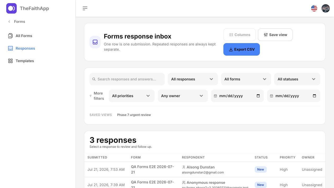 Forms response inbox with search and follow-up filters